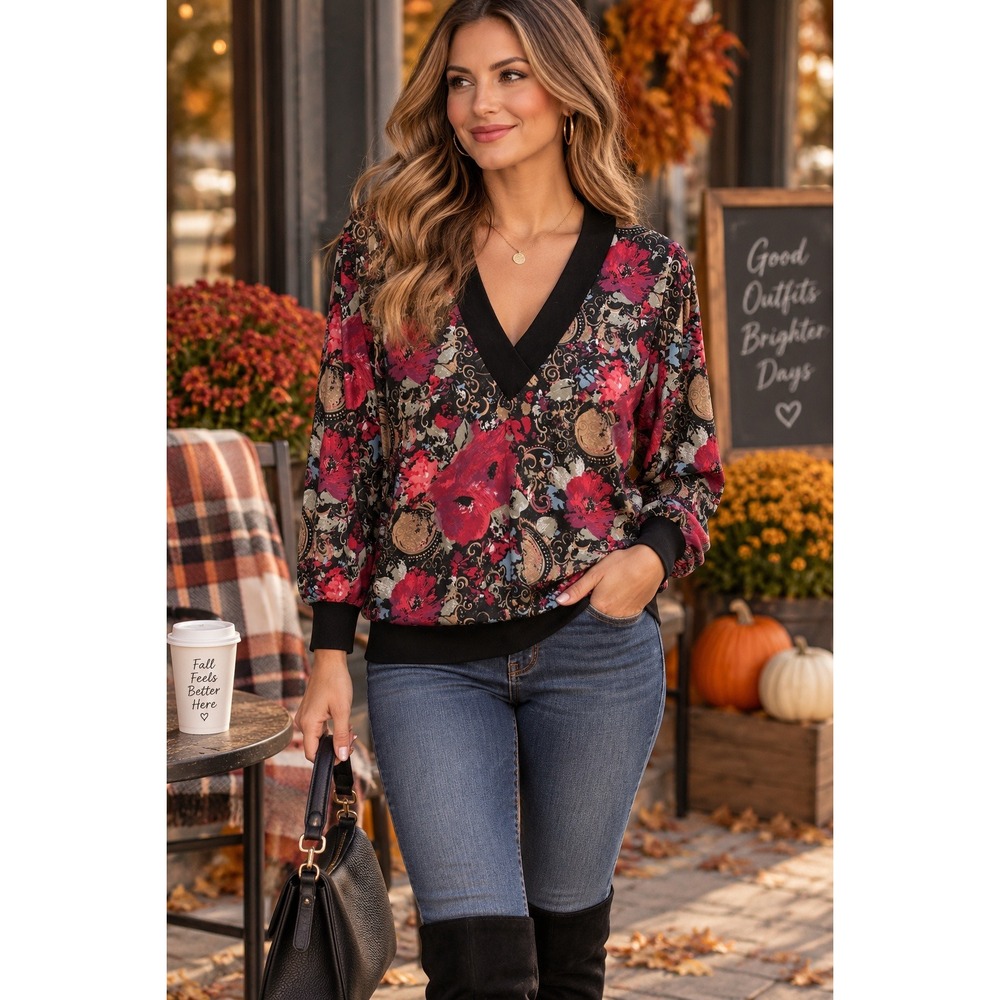 Top Notch Womens 14 Dark Floral Baroque V Neck Blouse Boho Retro Long Sleeve